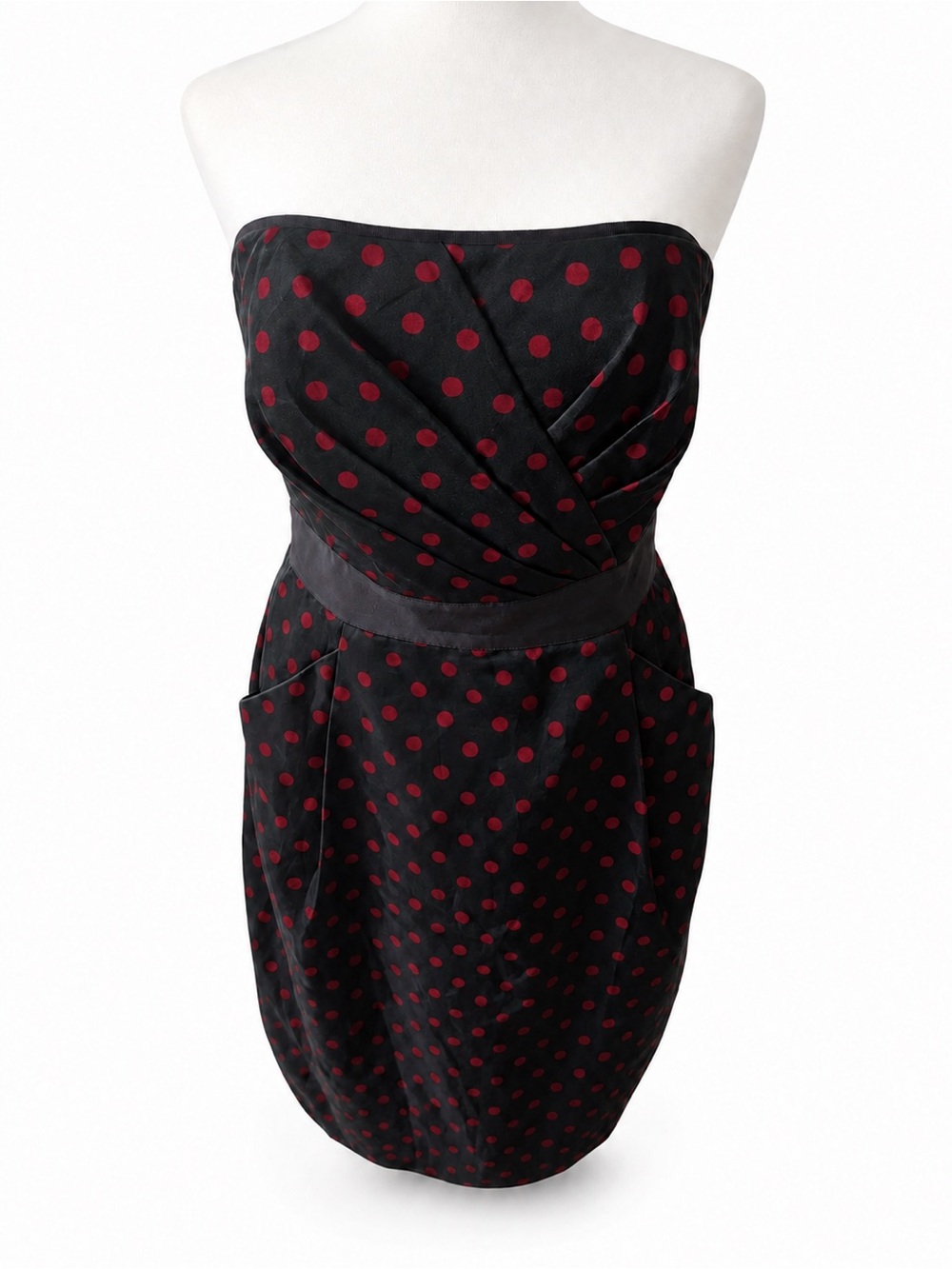 White House Black Market Silk Strapless Dress 8 Black Red Polka Dot Pockets